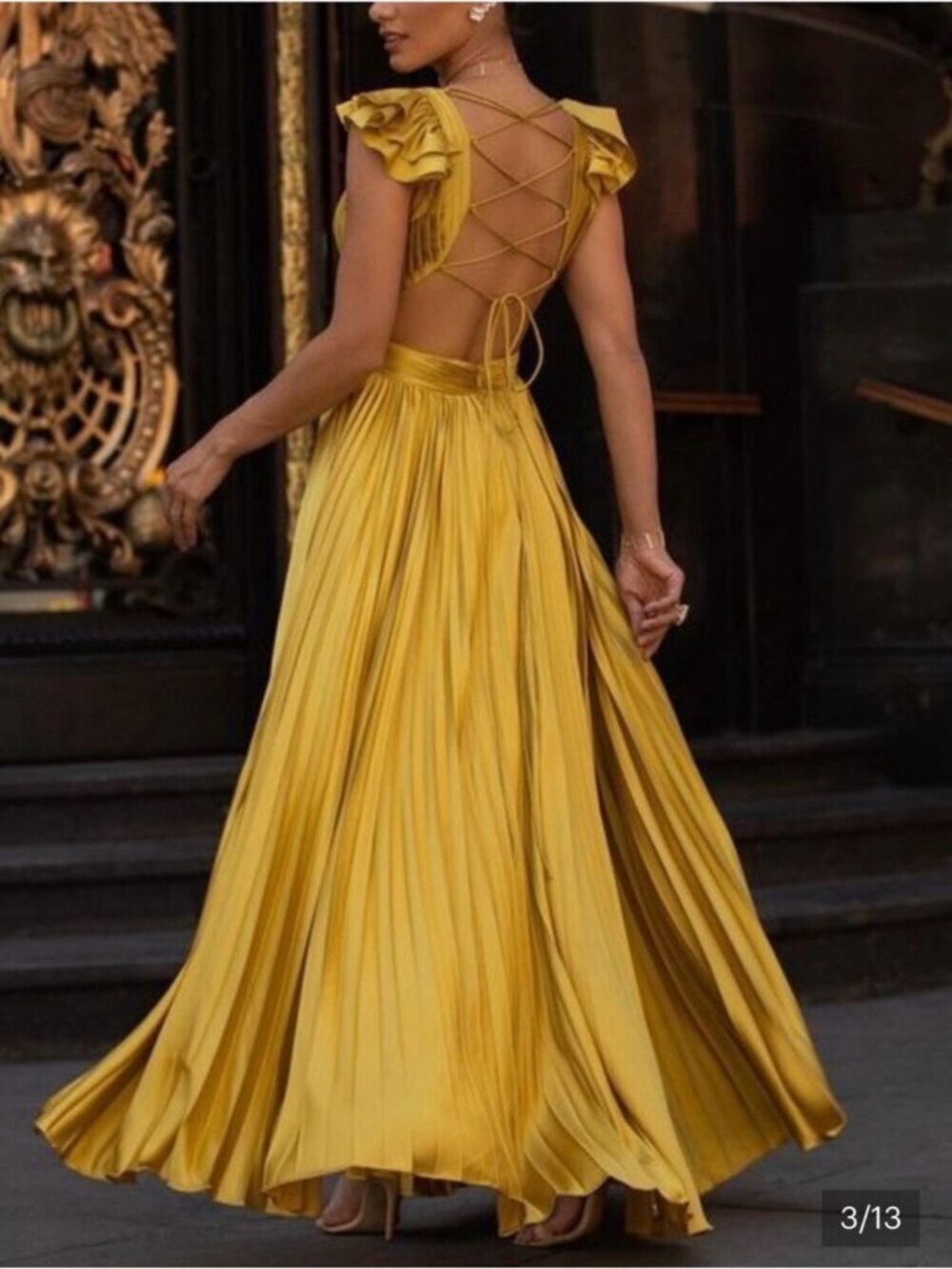 Yellow Pleated Ruffled Cap Sleeve Cut Out Lace Up Gown